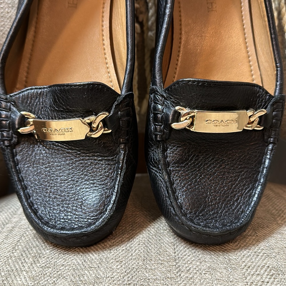 Coach Black Leather Moccasin Loafers with Gold Hardware